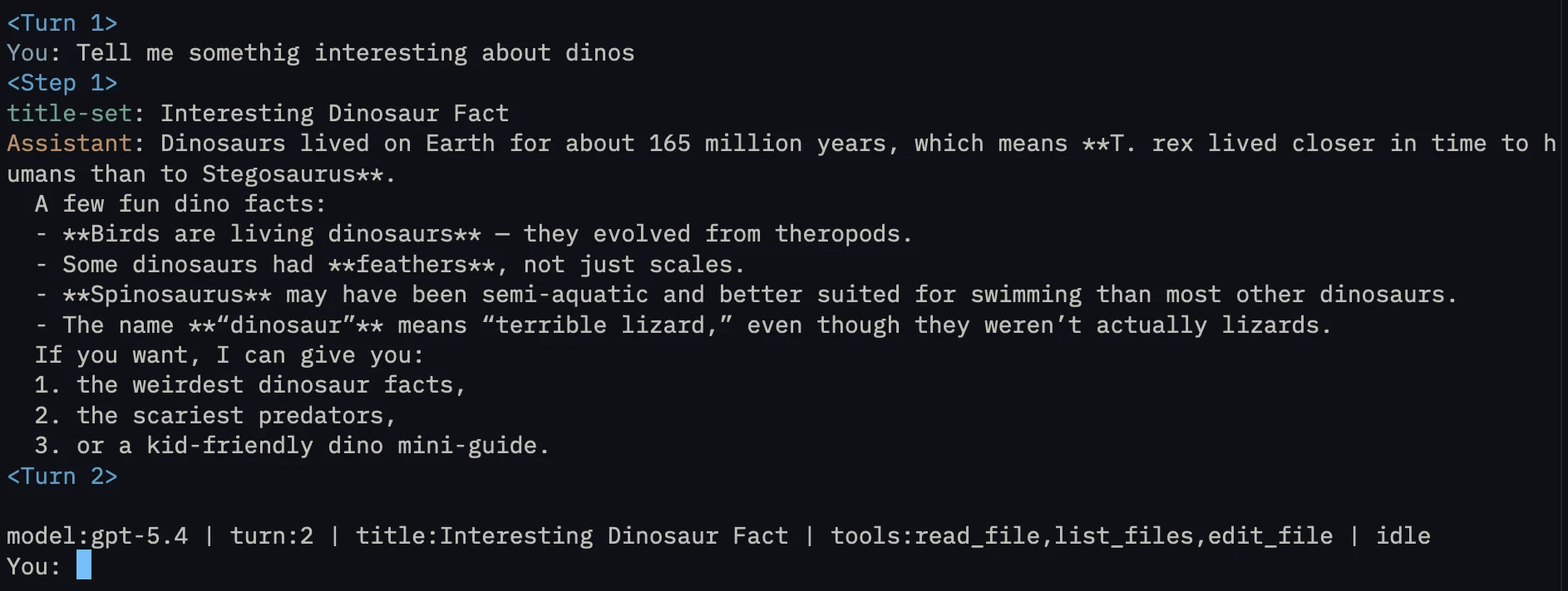 Harness transcript showing the conversation title switch from “generating…” to a generated title while the assistant answer continues