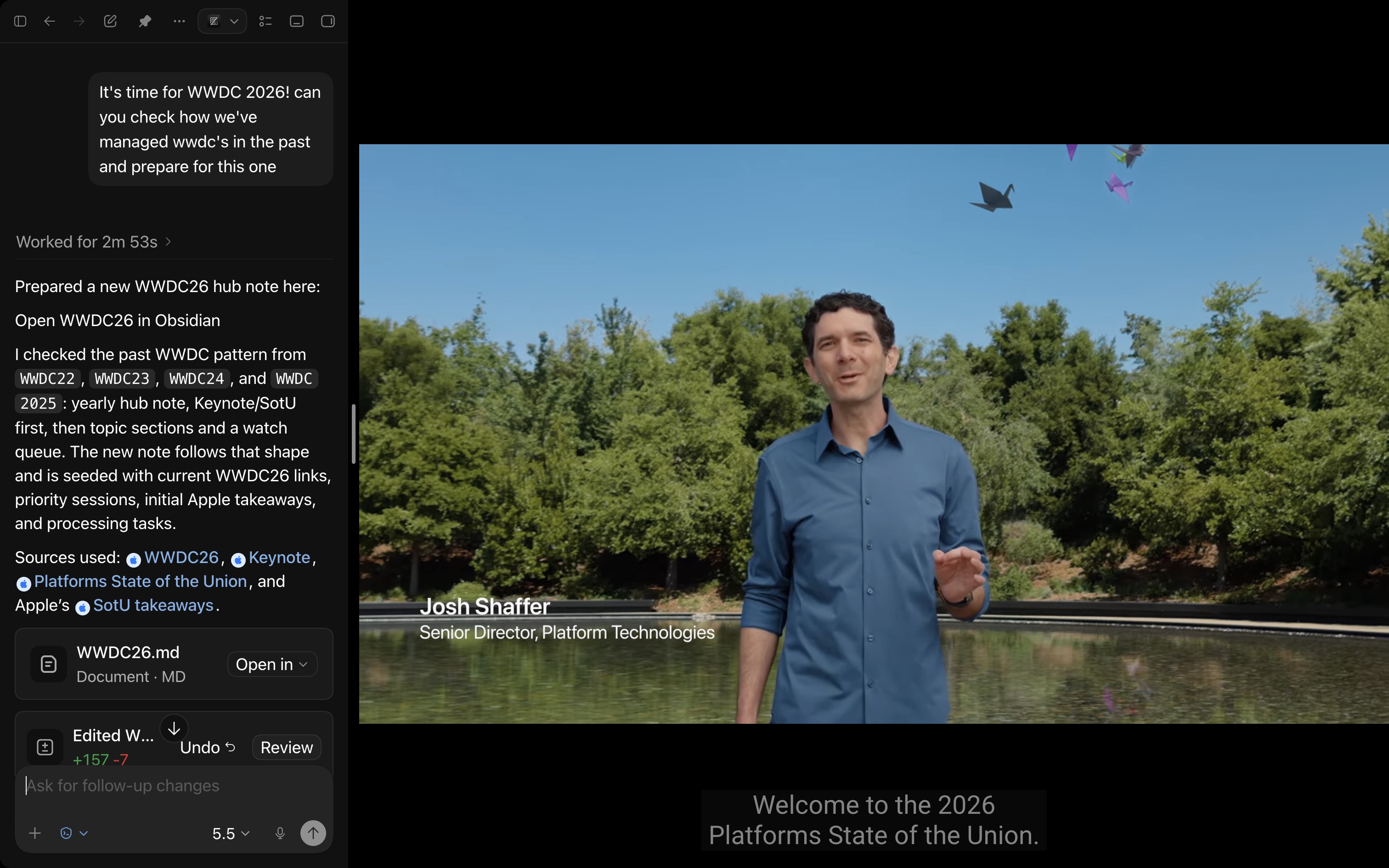 YouTube and Codex side by side in full screen